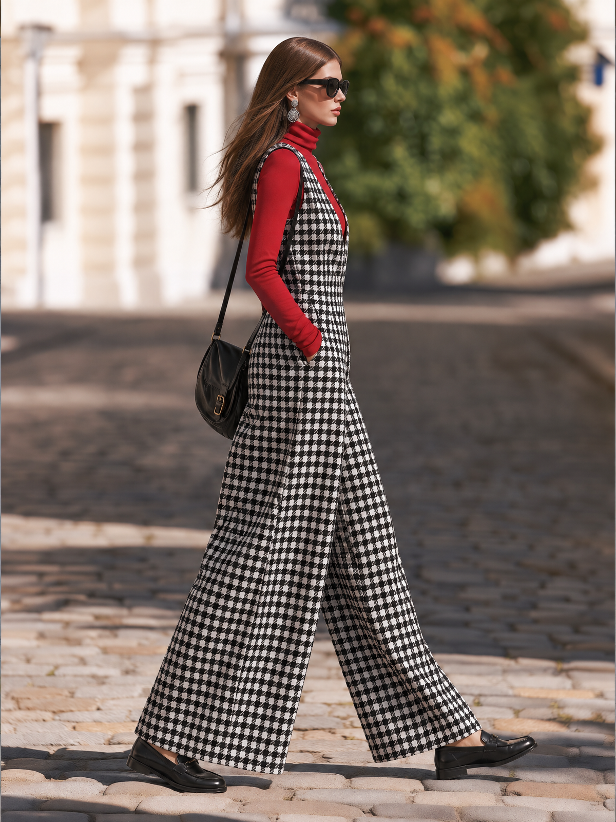 Vacation-style V-neck Sleeveless Houndstooth Jumpsuit