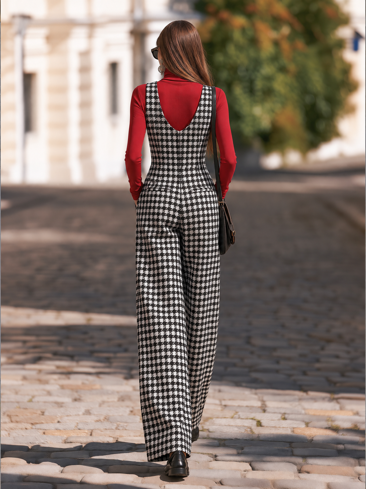 Vacation-style V-neck Sleeveless Houndstooth Jumpsuit