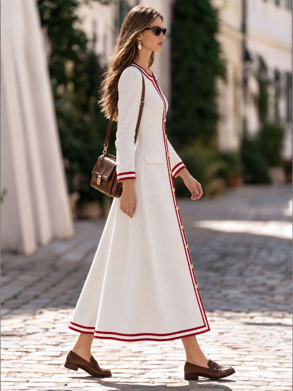 Resort-style Long-sleeved Round Neck Striped Corduroy Maxi Dress