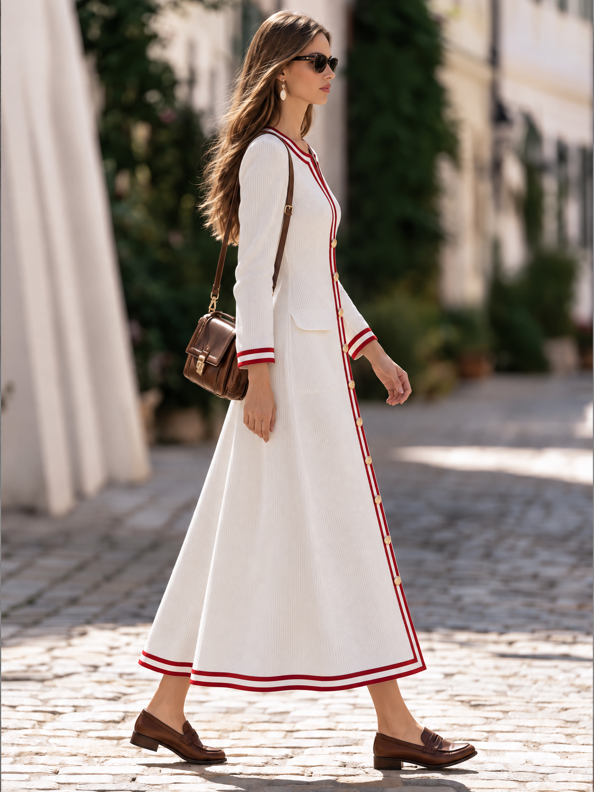 Resort-style Long-sleeved Round Neck Striped Corduroy Maxi Dress