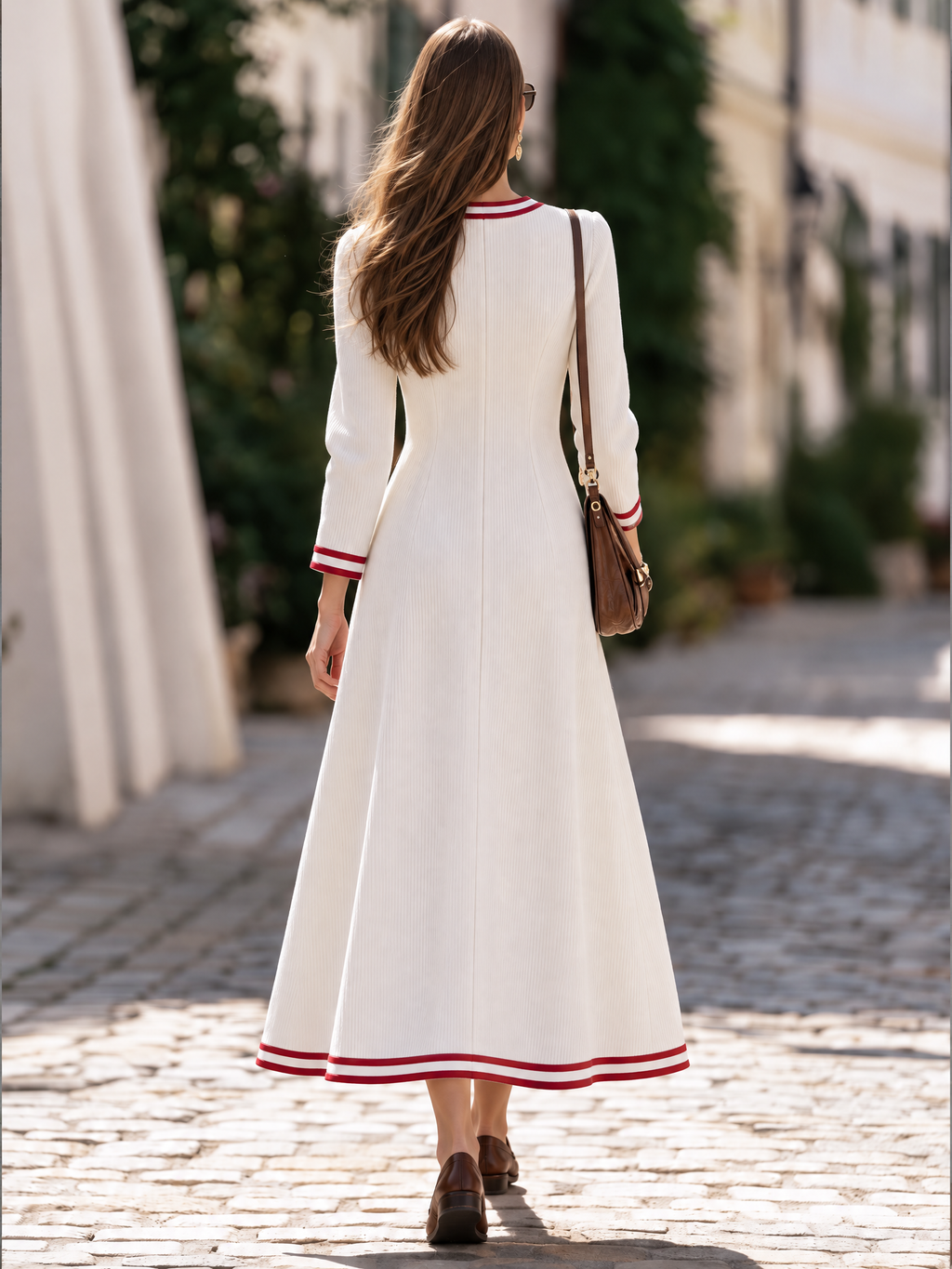 Resort-style Long-sleeved Round Neck Striped Corduroy Maxi Dress