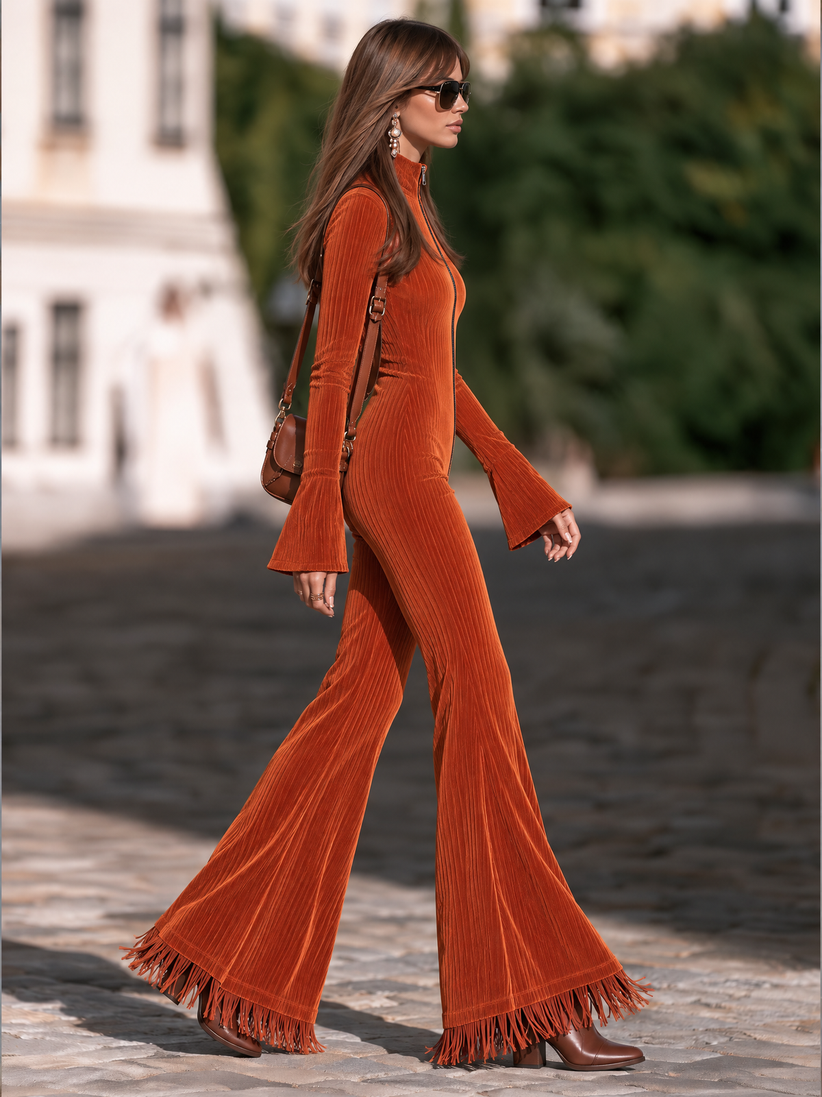 Resort-style Stand-up Collar Zip-up Long-sleeved Tassel Jumpsuit