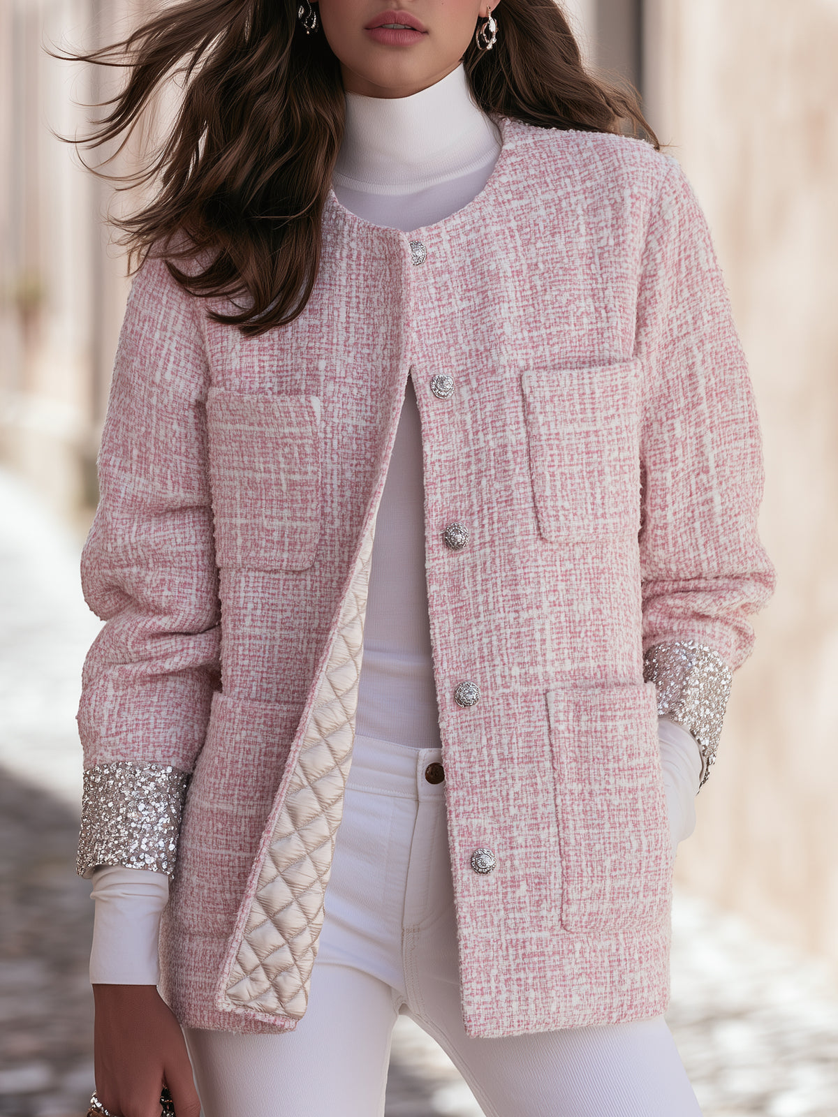 French Chic Pink White Tweed Sequin Cuff Round Neck Jacket