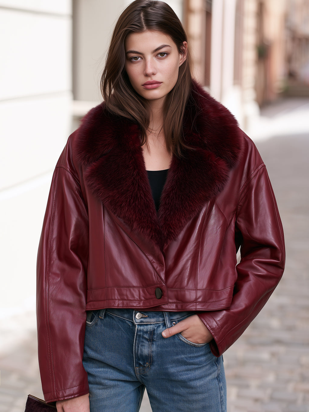 Vintage City Burgundy Faux Leather Fur Collar Cropped Jacket