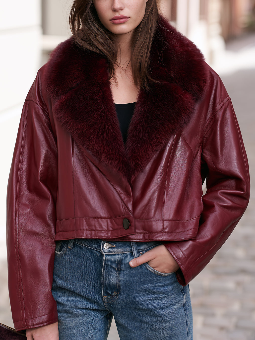 Vintage City Burgundy Faux Leather Fur Collar Cropped Jacket