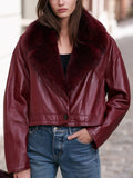 Vintage City Burgundy Faux Leather Fur Collar Cropped Jacket