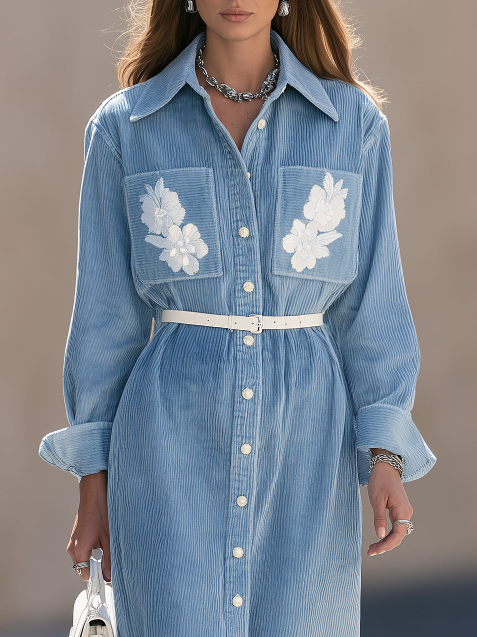 Soft Prairie Light Blue Corduroy Floral Embroidered Midi Shirt Dress
