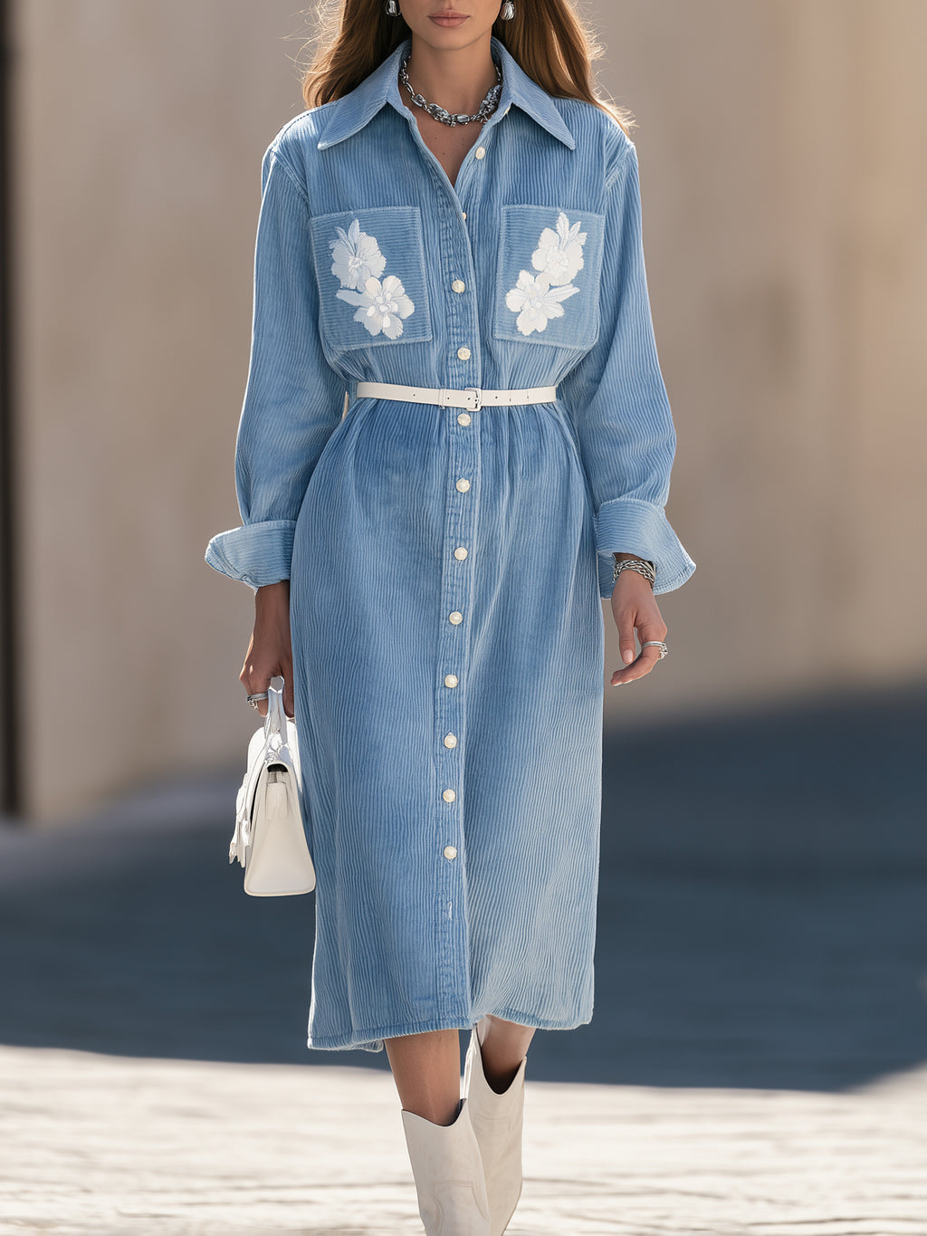 Soft Prairie Light Blue Corduroy Floral Embroidered Midi Shirt Dress