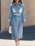 Soft Prairie Light Blue Corduroy Floral Embroidered Midi Shirt Dress