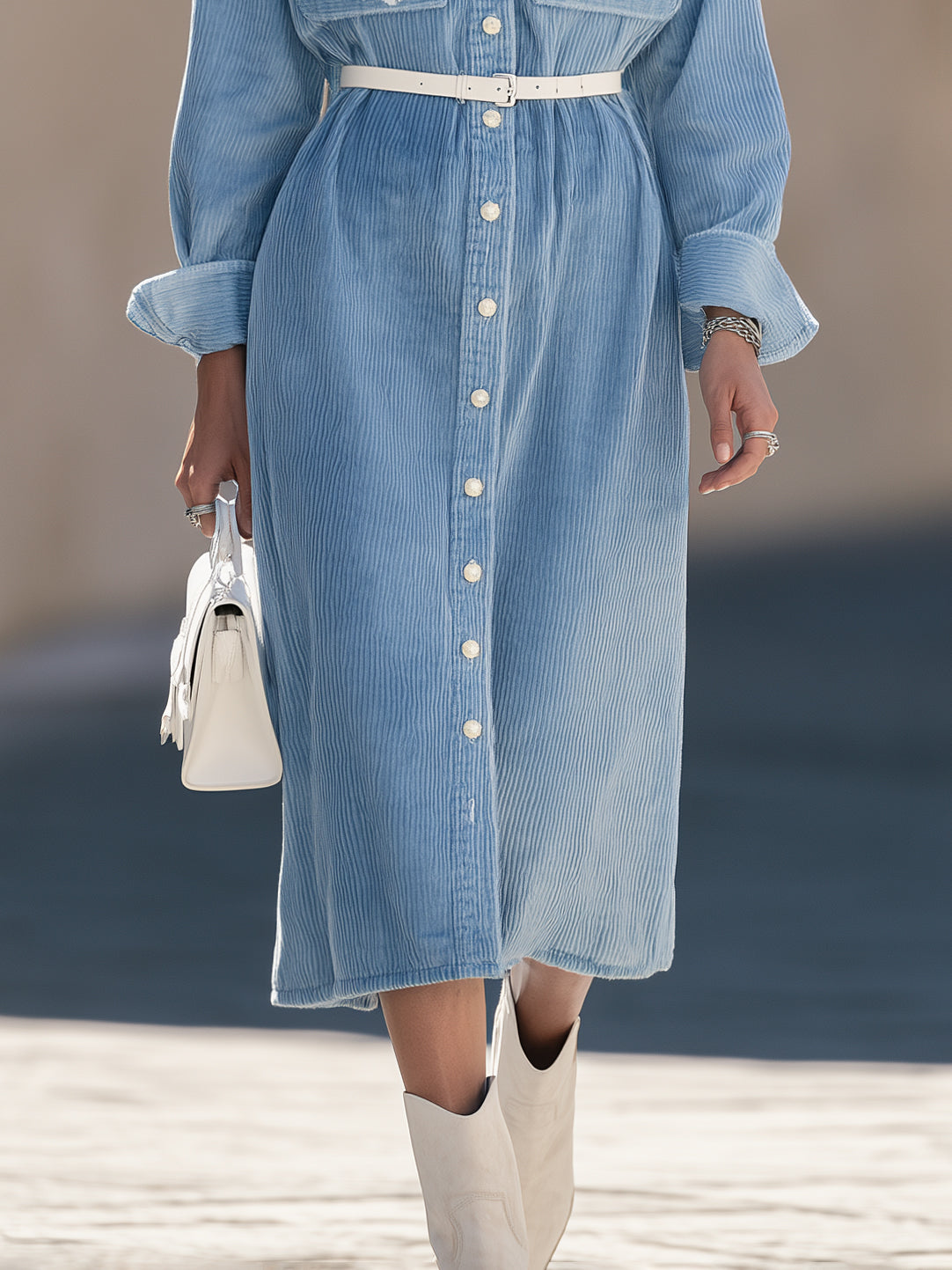 Soft Prairie Light Blue Corduroy Floral Embroidered Midi Shirt Dress