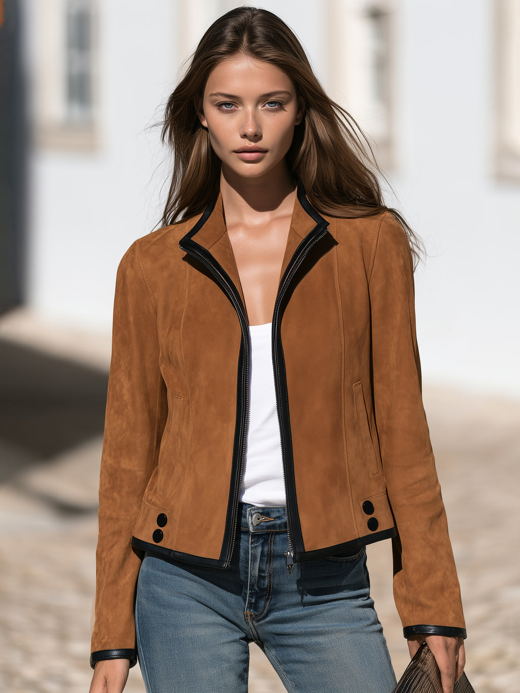 Classic Casual Caramel Brown Faux Suede Zip Up Short Jacket