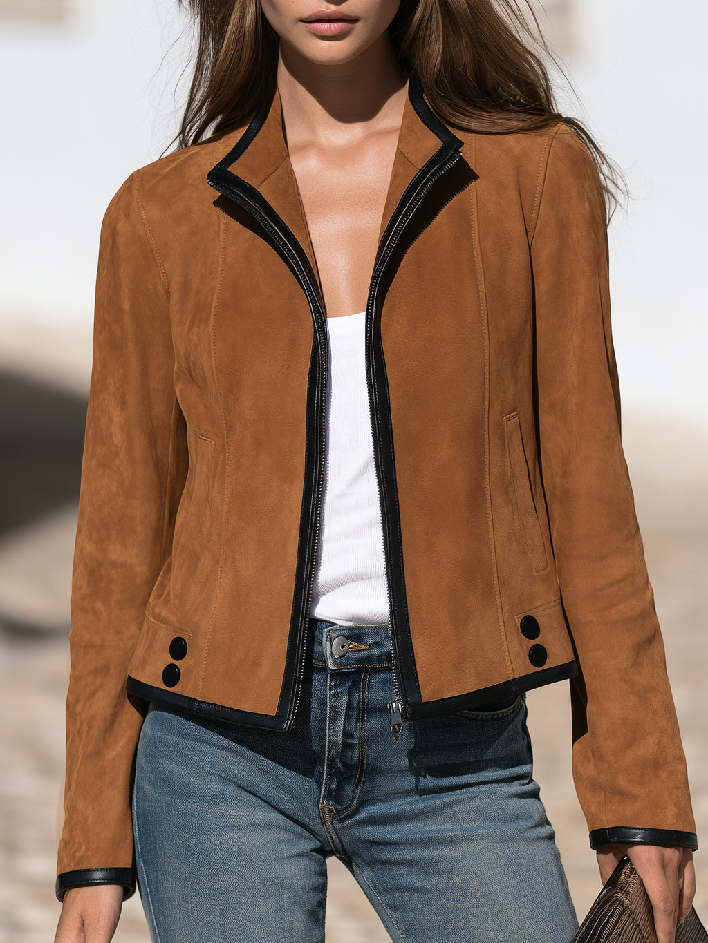 Classic Casual Caramel Brown Faux Suede Zip Up Short Jacket