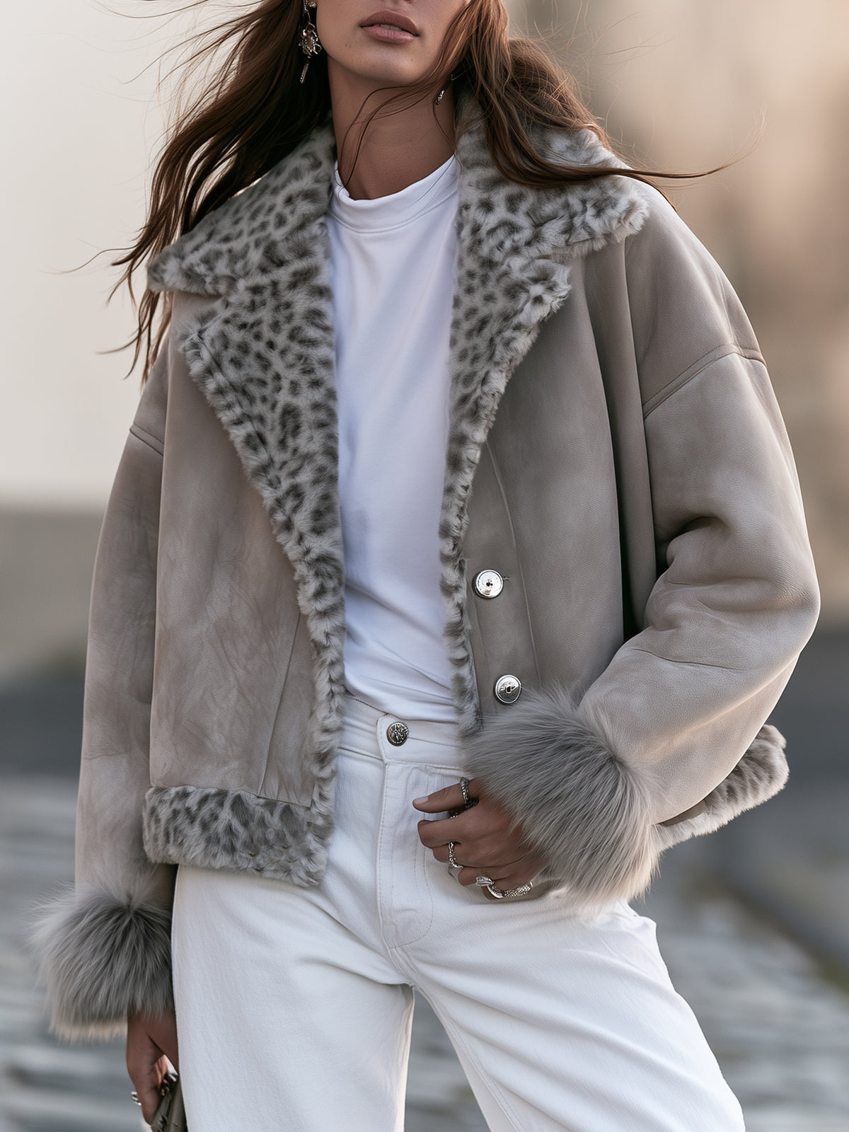 Urban Retro Light Grey Distressed Faux Suede Leopard Fur Trim Short Jacket