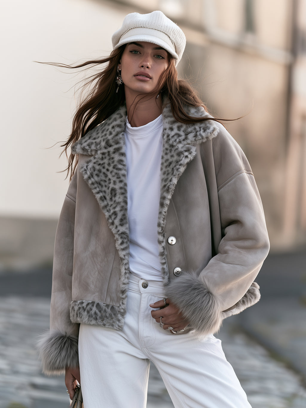 Urban Retro Light Grey Distressed Faux Suede Leopard Fur Trim Short Jacket