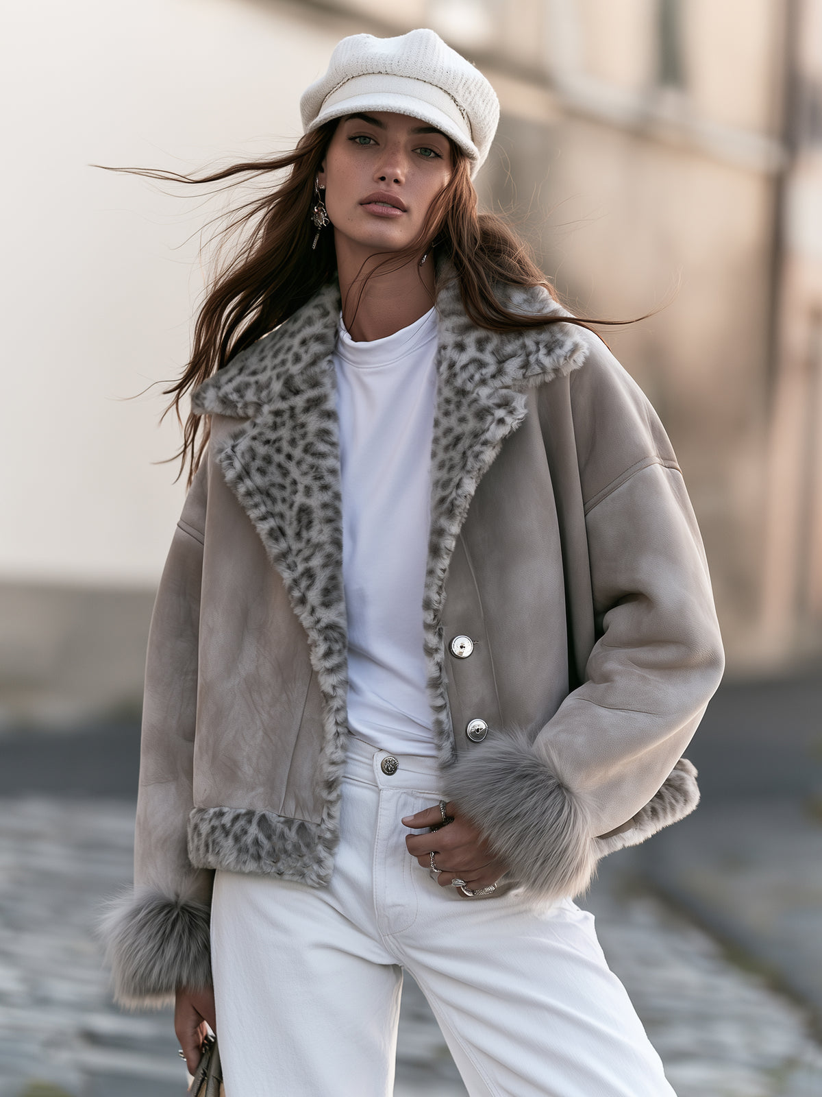 Urban Retro Light Grey Distressed Faux Suede Leopard Fur Trim Short Jacket