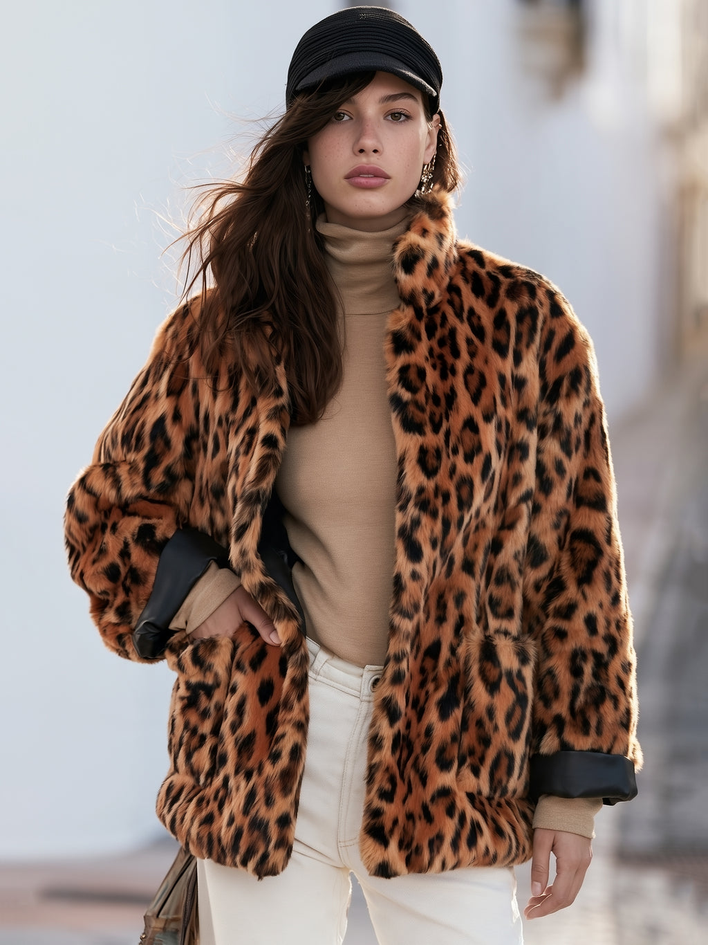 Retro Bohemian Warm Brown Leopard Faux Fur Short Jacket