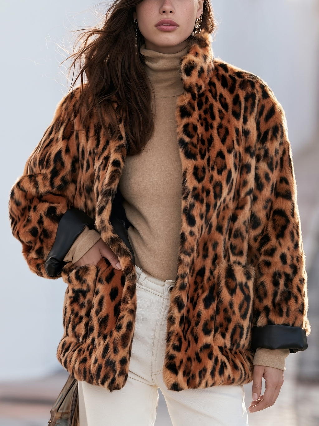 Retro Bohemian Warm Brown Leopard Faux Fur Short Jacket
