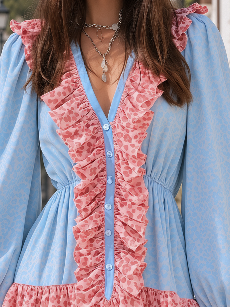 Light Blue Pink Contrast Leopard V-Neck Ruffle Puff Sleeve Velvet Printed Mini Dress