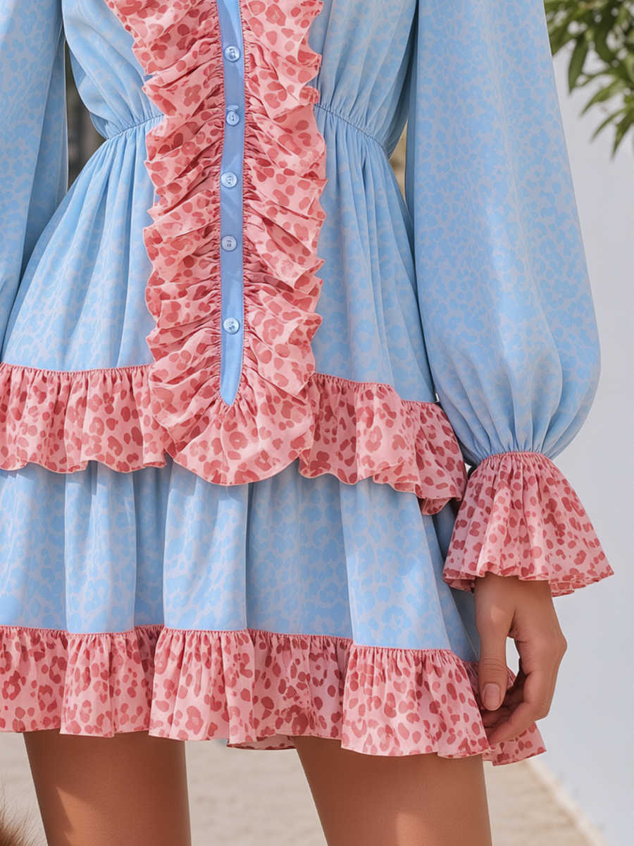 Light Blue Pink Contrast Leopard V-Neck Ruffle Puff Sleeve Velvet Printed Mini Dress