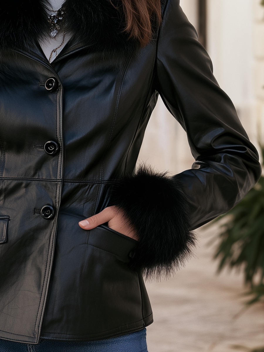 Old Money Black Fitted Faux LeatherWith Furry Collar Jacket