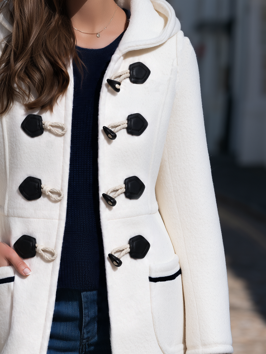 Cream White Hooded Duffle Coat With Black ButtonsMid Length Coat