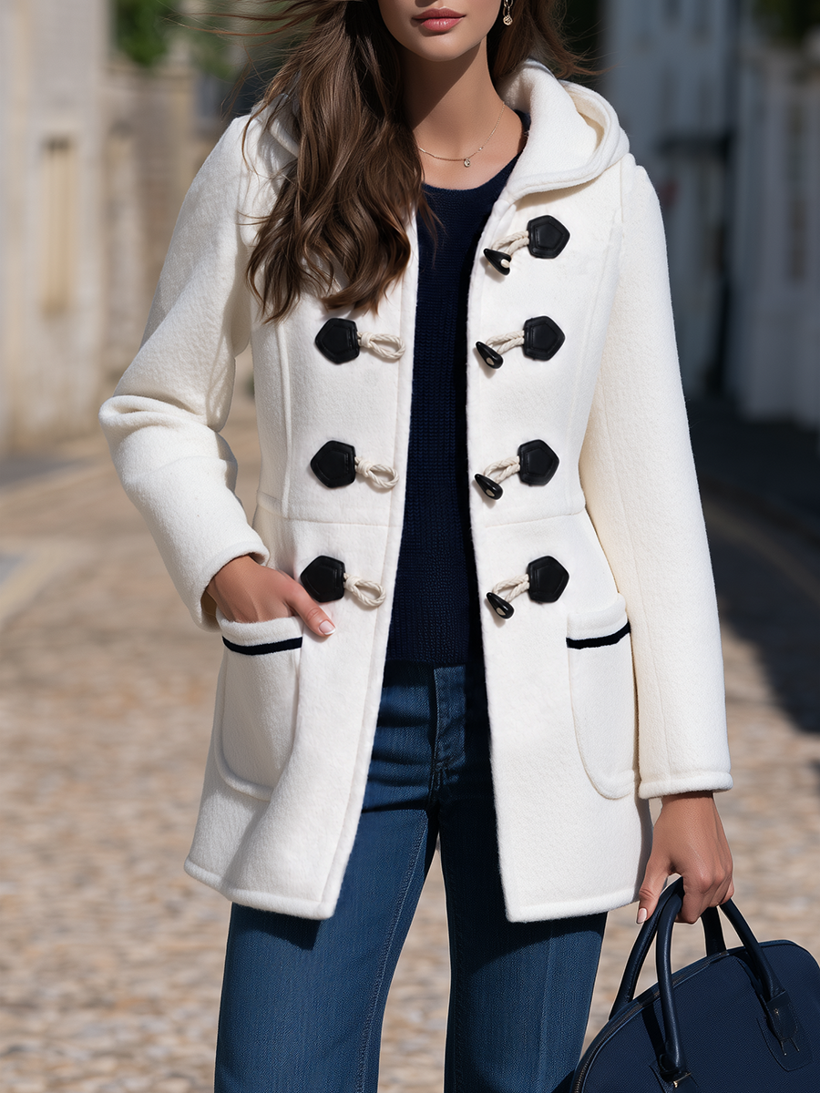 Cream White Hooded Duffle Coat With Black ButtonsMid Length Coat