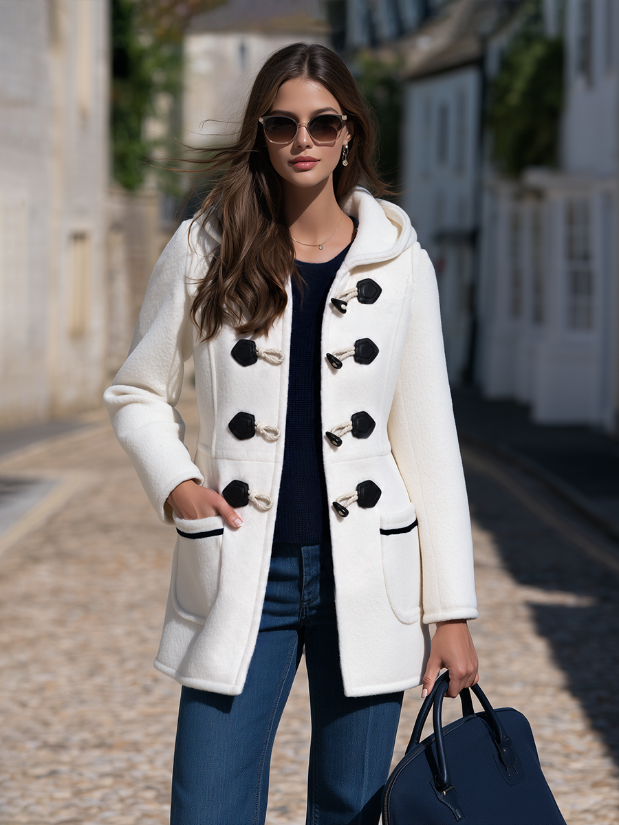 Cream White Hooded Duffle Coat With Black ButtonsMid Length Coat
