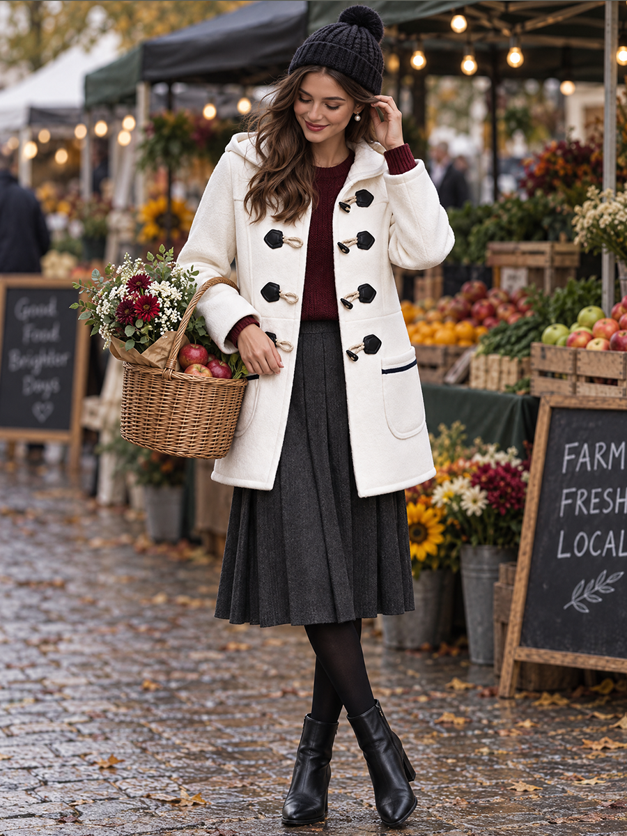 Cream White Hooded Duffle Coat With Black ButtonsMid Length Coat