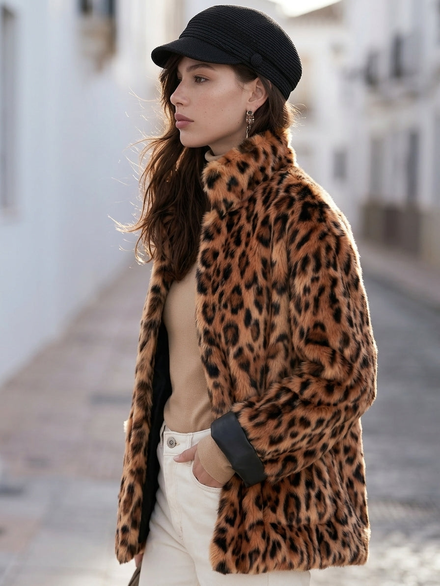 Retro Bohemian Warm Brown Leopard Faux Fur Short Jacket