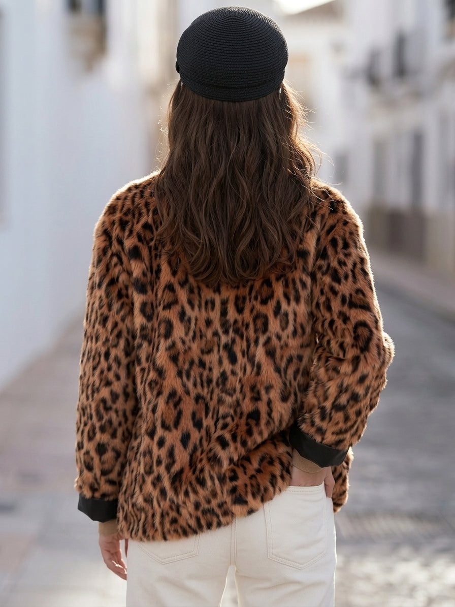 Retro Bohemian Warm Brown Leopard Faux Fur Short Jacket