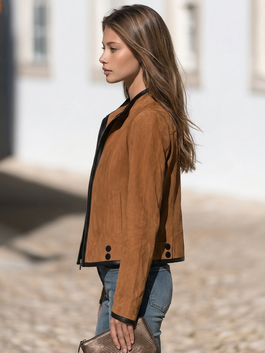 Classic Casual Caramel Brown Faux Suede Zip Up Short Jacket