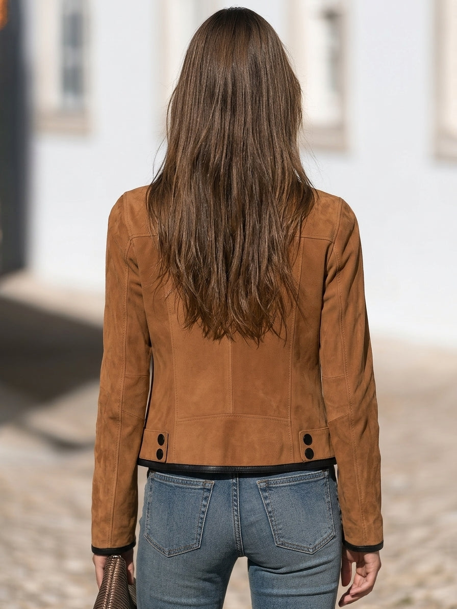 Classic Casual Caramel Brown Faux Suede Zip Up Short Jacket
