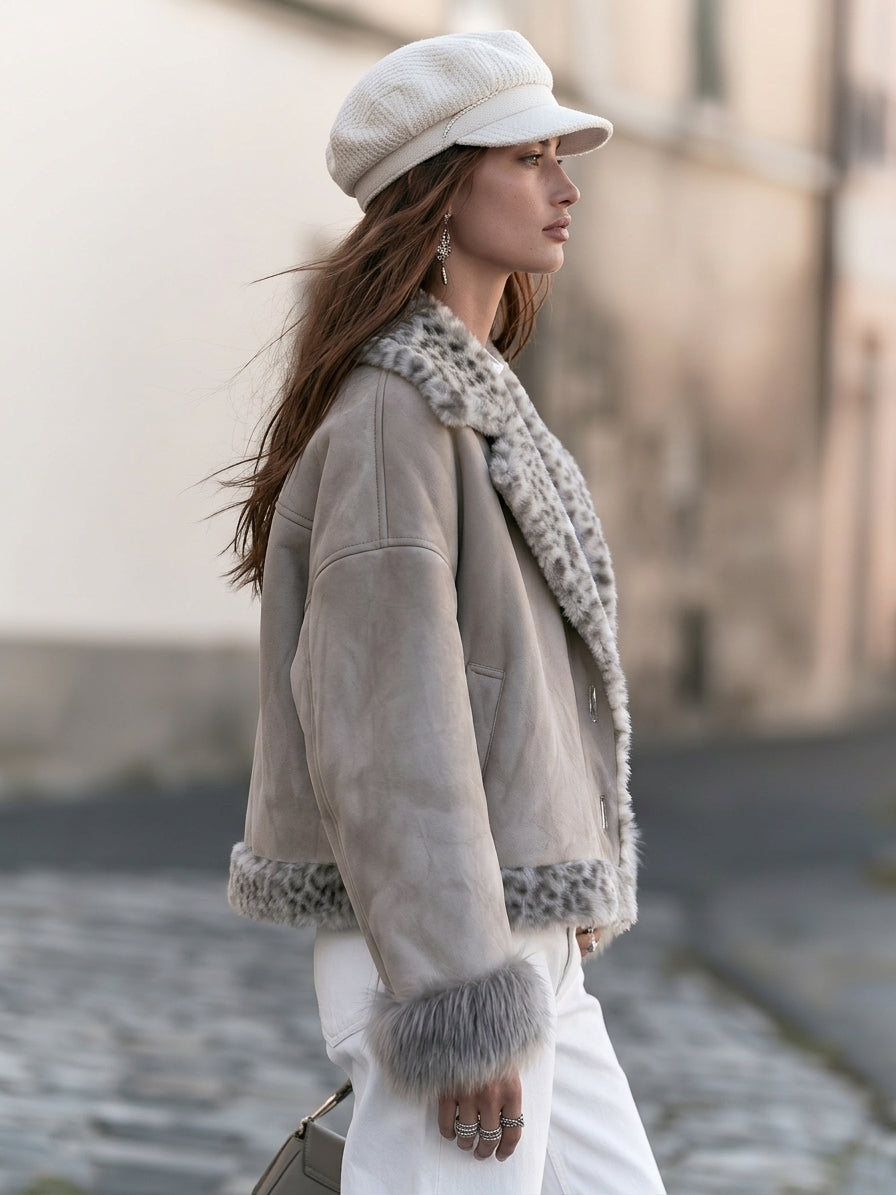 Urban Retro Light Grey Distressed Faux Suede Leopard Fur Trim Short Jacket