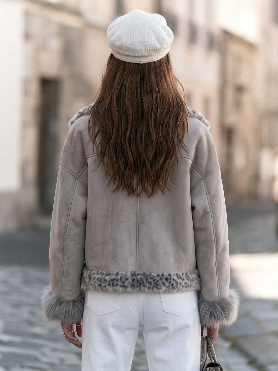 Urban Retro Light Grey Distressed Faux Suede Leopard Fur Trim Short Jacket
