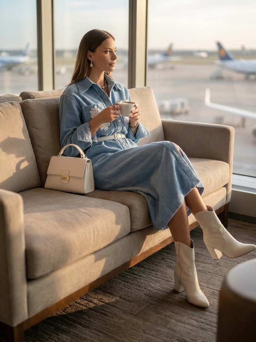 Soft Prairie Light Blue Corduroy Floral Embroidered Midi Shirt Dress