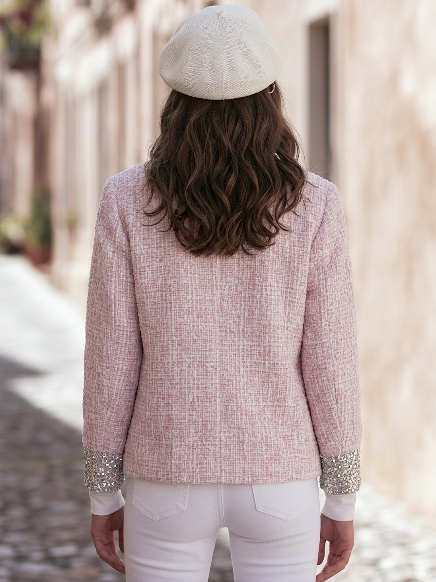 French Chic Pink White Tweed Sequin Cuff Round Neck Jacket