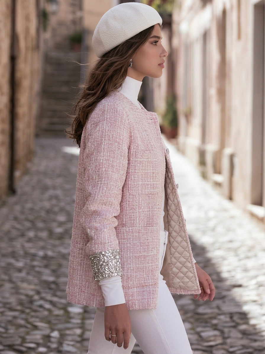 French Chic Pink White Tweed Sequin Cuff Round Neck Jacket