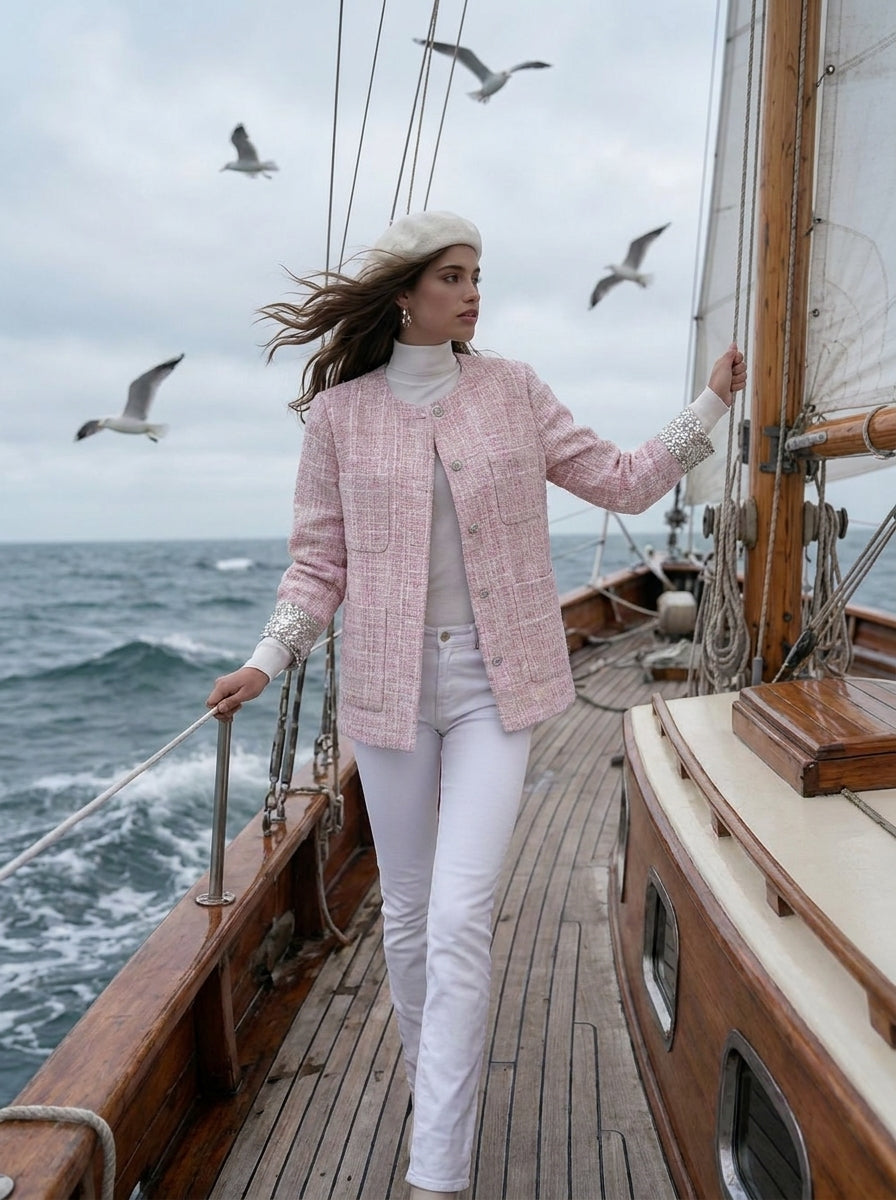French Chic Pink White Tweed Sequin Cuff Round Neck Jacket