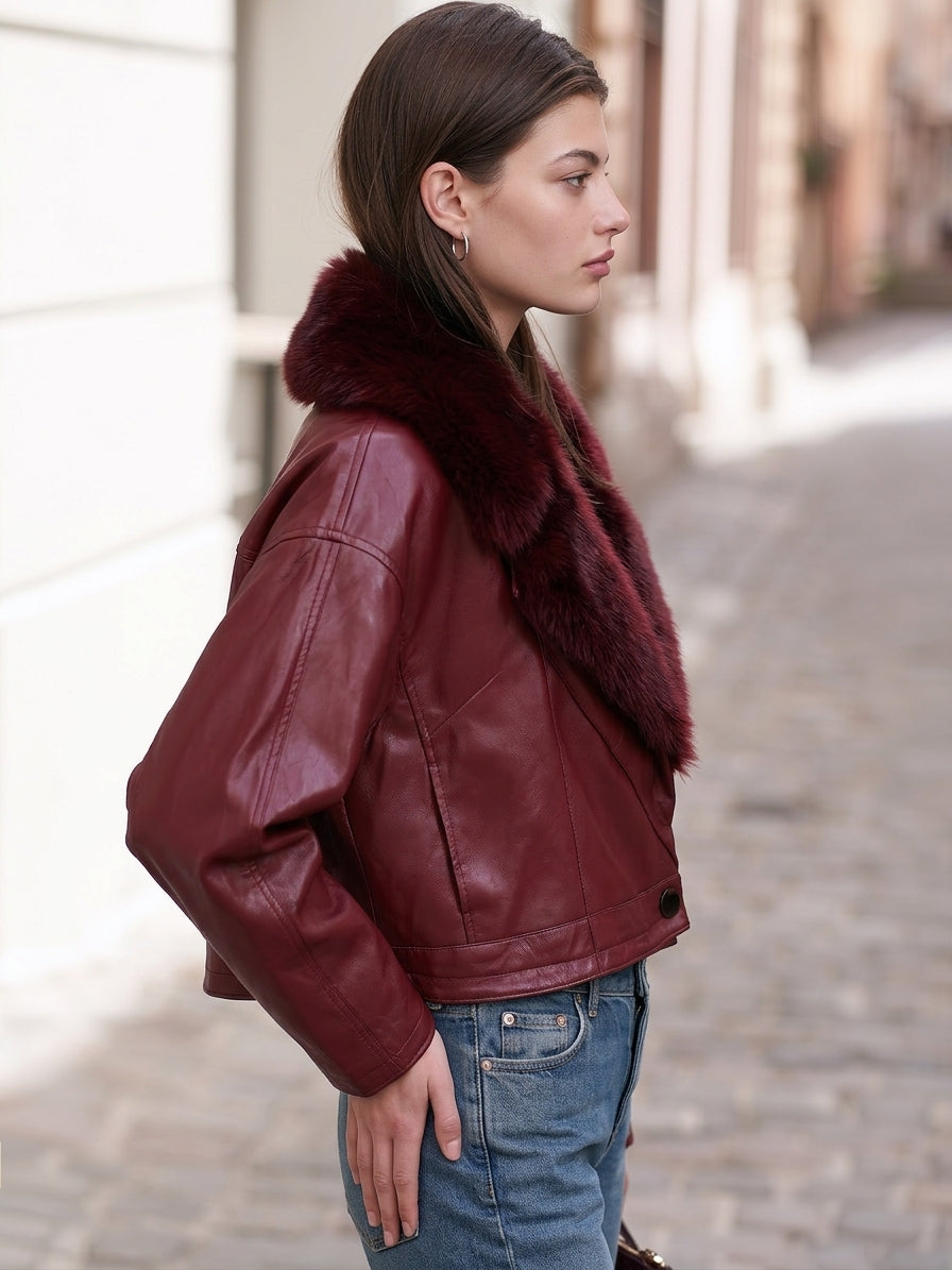 Vintage City Burgundy Faux Leather Fur Collar Cropped Jacket