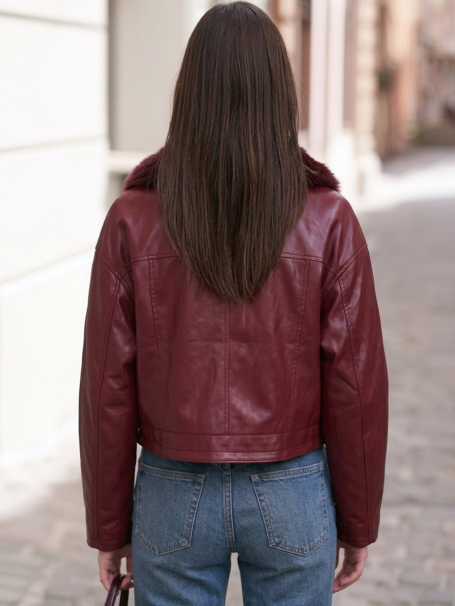 Vintage City Burgundy Faux Leather Fur Collar Cropped Jacket