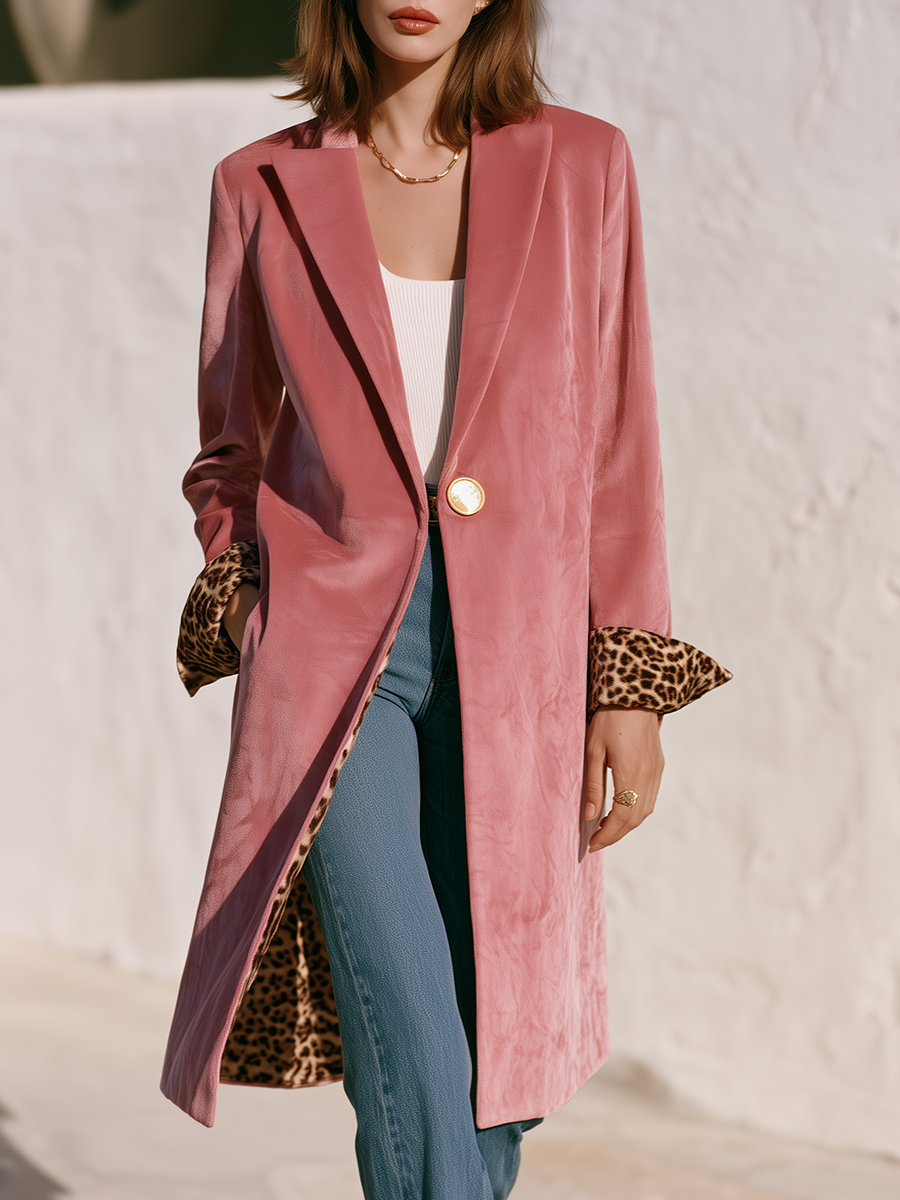 Retro Leopard Print Lining and Gold Button Rose Pink Velvet Coat