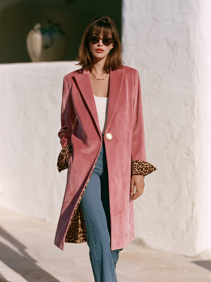 Retro Leopard Print Lining and Gold Button Rose Pink Velvet Coat