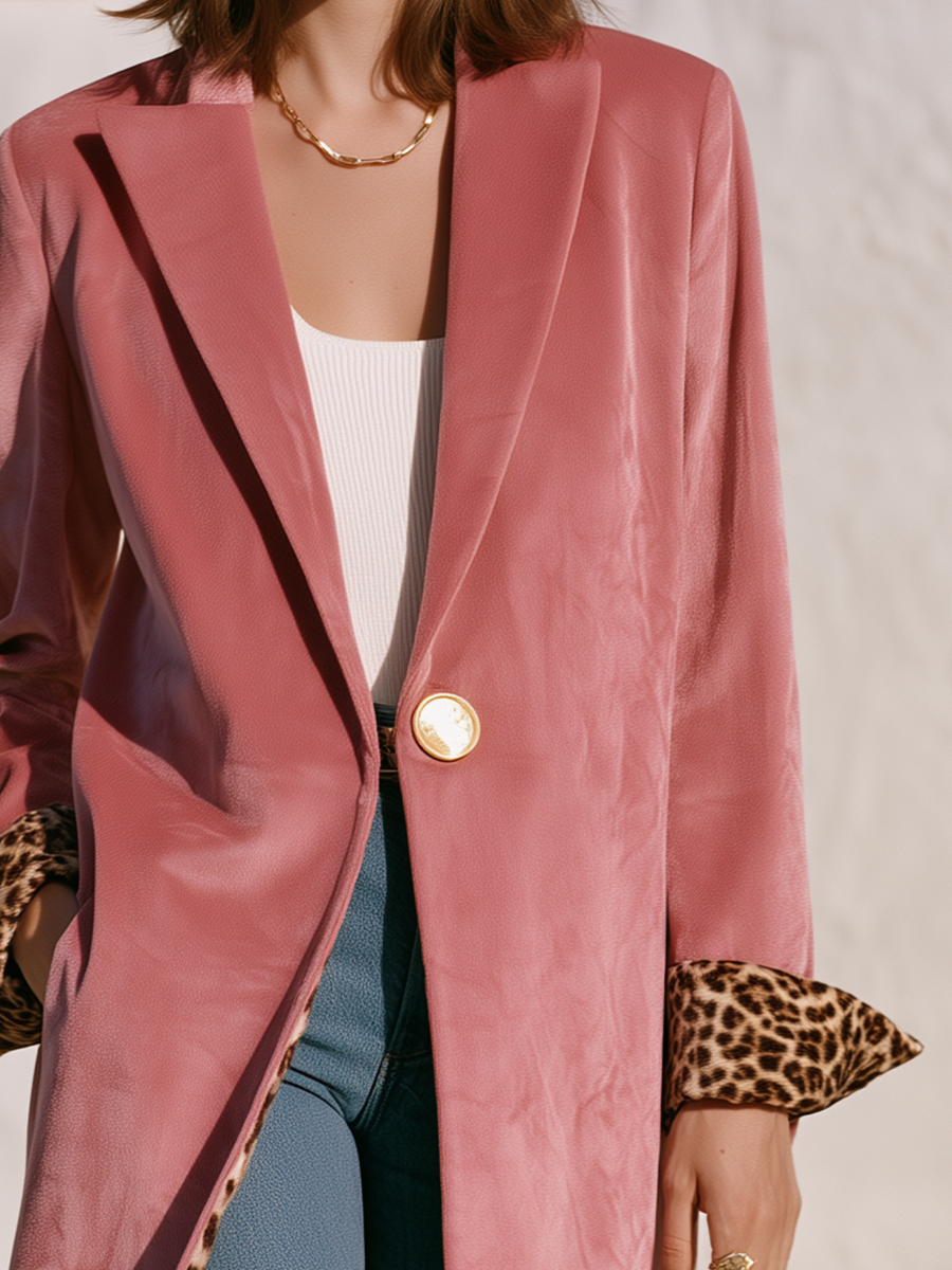 Retro Leopard Print Lining and Gold Button Rose Pink Velvet Coat