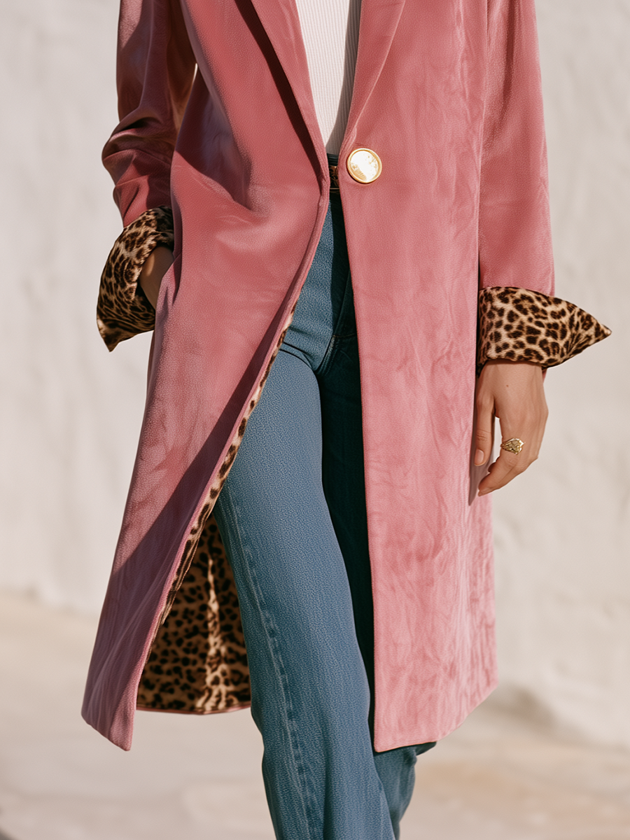 Retro Leopard Print Lining and Gold Button Rose Pink Velvet Coat