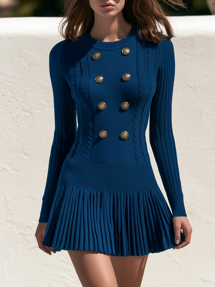 Old Money Gold Buttons Long Sleeves Pleated Skirt Blue Knit Mini Dress