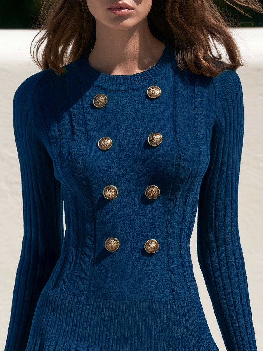 Old Money Gold Buttons Long Sleeves Pleated Skirt Blue Knit Mini Dress