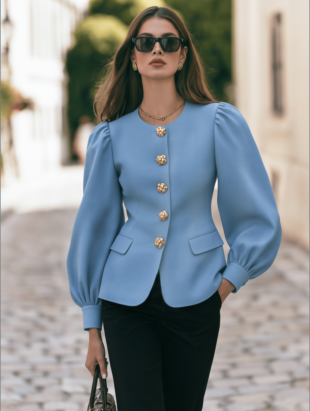 Resort-style Round Neck Lantern Long-sleeved Solid Color Jacket