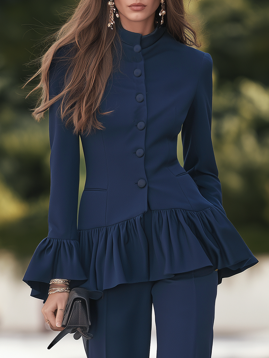 Resort-style Stand-up Collar Long-sleeved Ruffled Hem Top And Pants Set