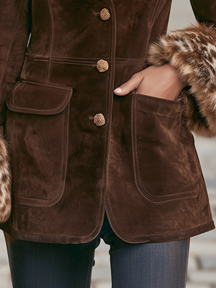 Resort-style Leopard Print Fur Collar Long-sleeved Jacket