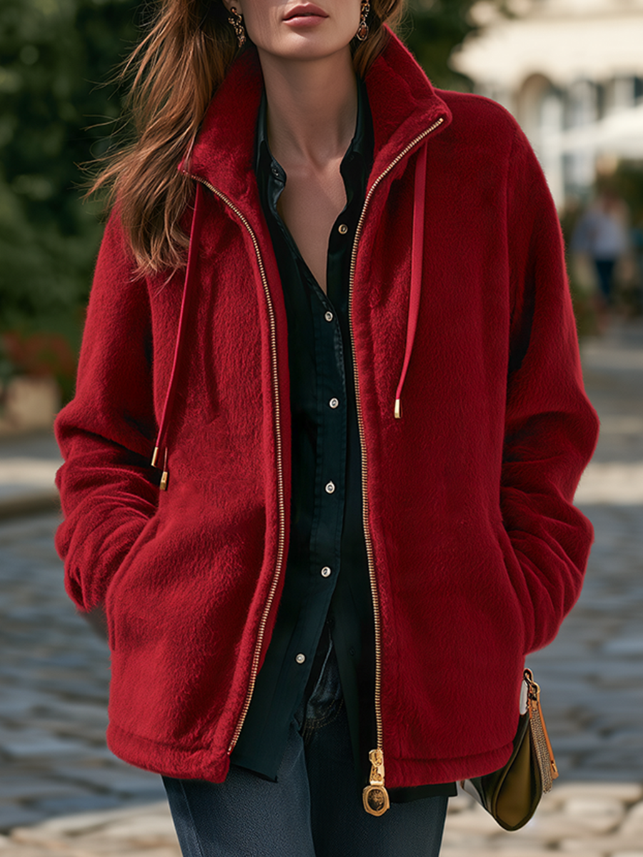 Resort-style Stand-up Collar Drawstring Long-sleeved Solid Color Jacket